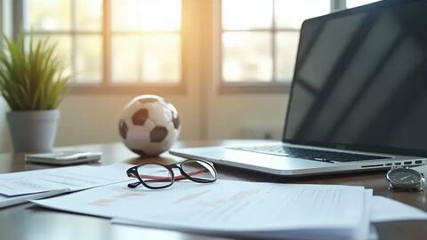 Ein Schreibtisch mit aufgeklapptem Laptop, eine Brille und ein Fußball liegen auf dem Tisch.