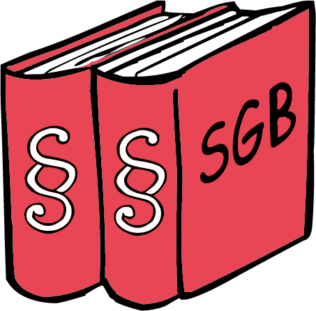 Sozial-Gesetz In den Büchern stehen sehr viel Gesetze. Die regeln, wann Menschen Geld und Hilfe bekommen können.
